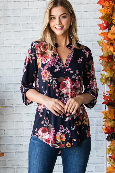 Floral Collared V Neck Top