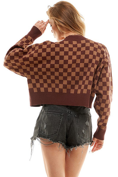 Brown Checkered Cardigan Set