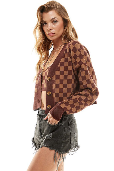 Brown Checkered Cardigan Set