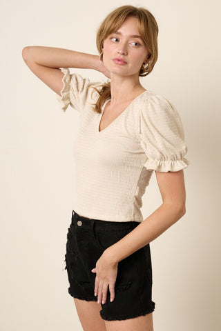 Smocked Puff Sleeve Knit Top