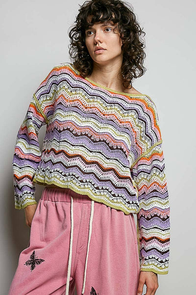 Pol Clothing - Crochet Stripe Scalloped Round Wide-Neck Long Sleeve Top