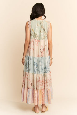 Fall Floral Color Block Boho Maxi Dress