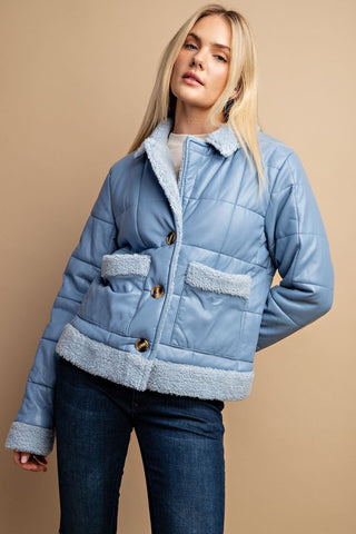 Faux Leather Quilting Jacket with Fur Detail