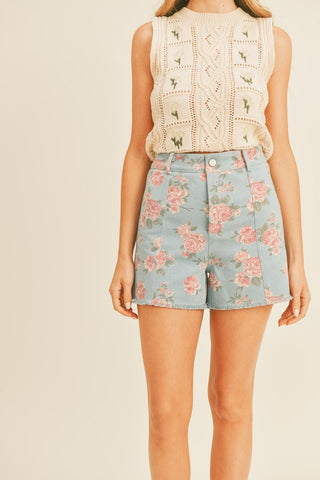 High Waist Floral Denim Short