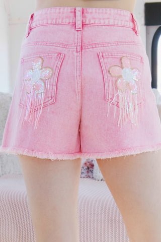 Fringed Flower Sequin Patch Denim Shorts