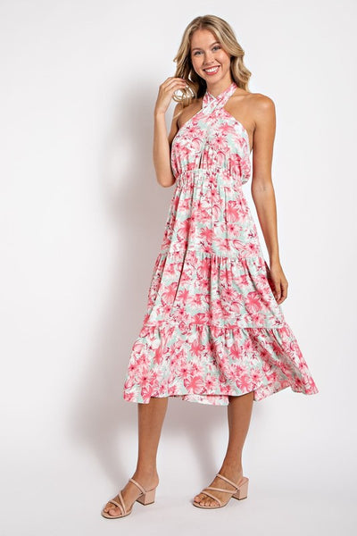 Pink Floral Halter Midi Dress