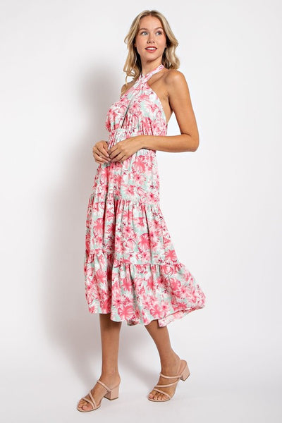 Pink Floral Halter Midi Dress