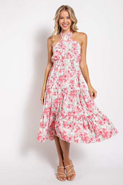Pink Floral Halter Midi Dress