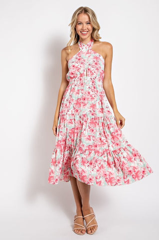 Pink Floral Halter Midi Dress