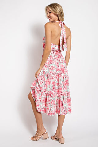 Pink Floral Halter Midi Dress