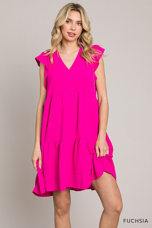 Air Flow Ruffle Sleeves V Neck Tiered Dress (Multiple Colors)