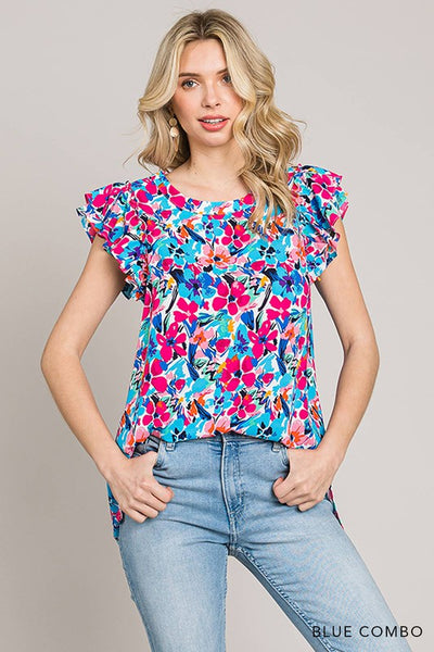 Floral Ruffle Detail Short Sleeve Top