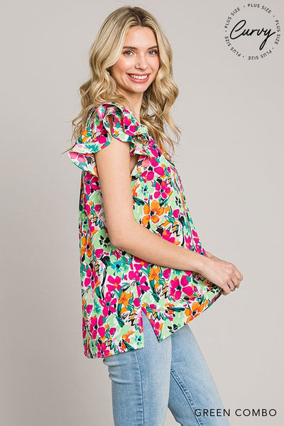 Floral Ruffle Detail Short Sleeve Top