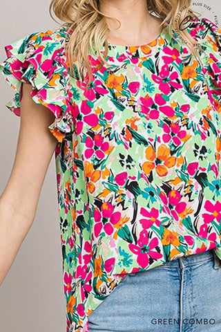 Floral Ruffle Detail Short Sleeve Top