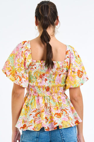 Floral Smocked Top with Bubble Sleeves