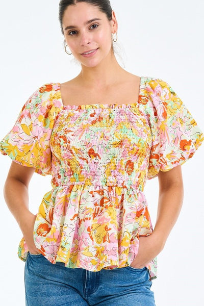 Floral Smocked Top with Bubble Sleeves