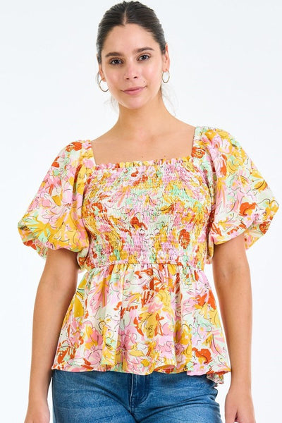 Floral Smocked Top with Bubble Sleeves