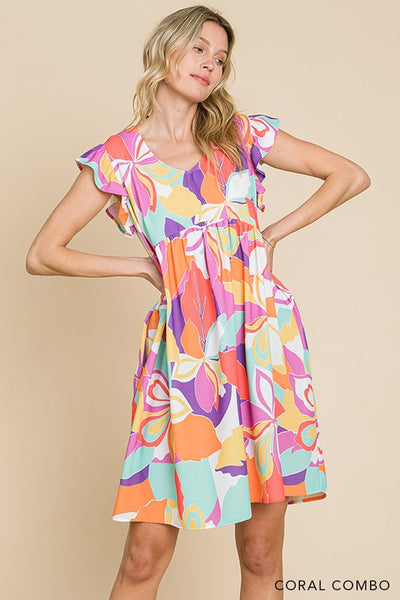 Multi Color Floral Print V Neck Ruffle Sleeves Dress