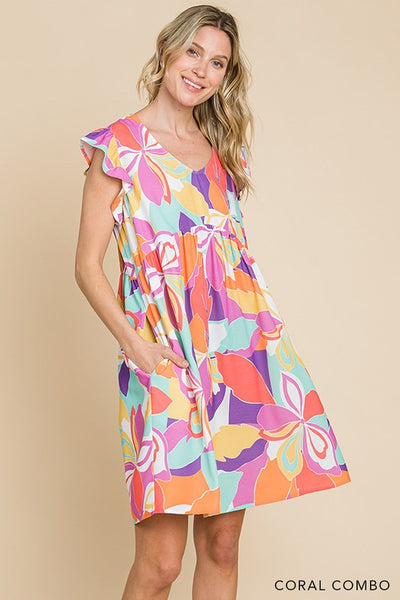 Multi Color Floral Print V Neck Ruffle Sleeves Dress