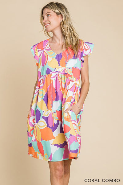 Multi Color Floral Print V Neck Ruffle Sleeves Dress