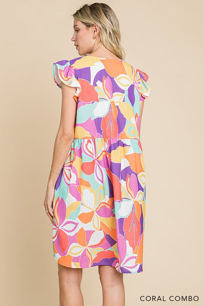 Multi Color Floral Print V Neck Ruffle Sleeves Dress