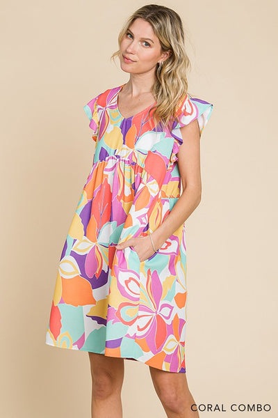 Multi Color Floral Print V Neck Ruffle Sleeves Dress
