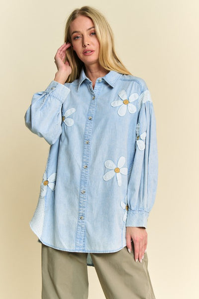 Chambray Fun Daisy Patched Waffle Knit Contrast Top