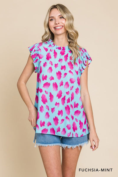 Pink Printed Ruffle Detail Short Sleeve Top