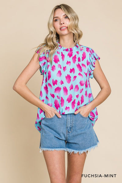 Pink Printed Ruffle Detail Short Sleeve Top