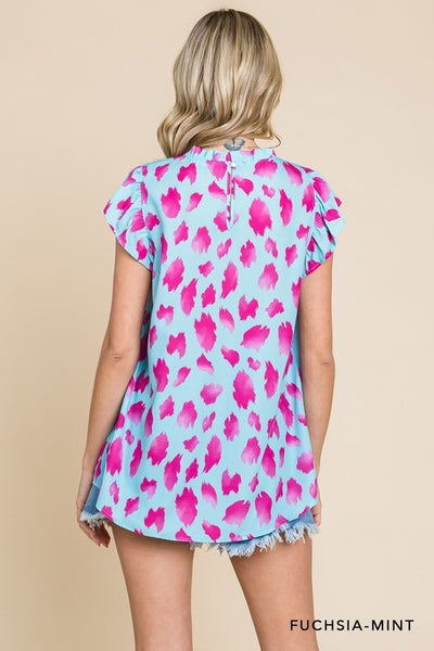 Pink Printed Ruffle Detail Short Sleeve Top