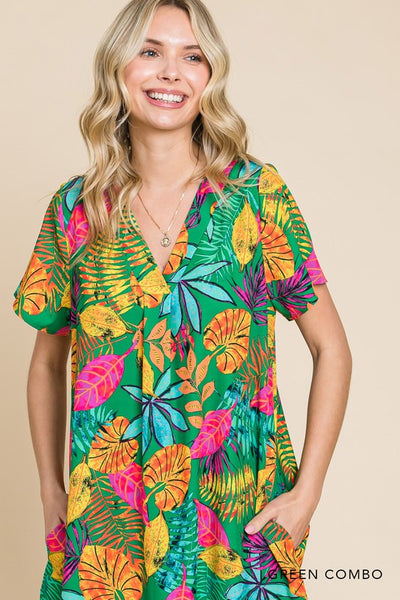 Green Floral Dress With Pockets
