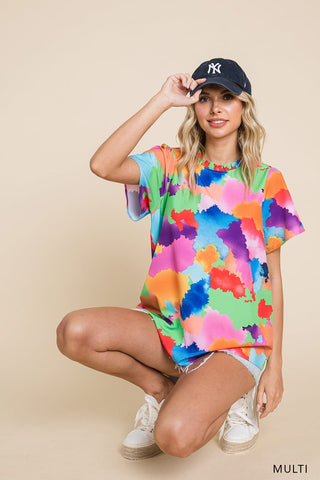 Multi Color Printed Frilled Neck Short Sleeve Top