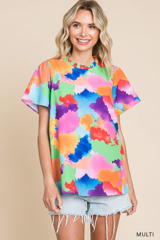Multi Color Printed Frilled Neck Short Sleeve Top