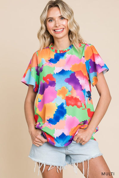 Multi Color Printed Frilled Neck Short Sleeve Top