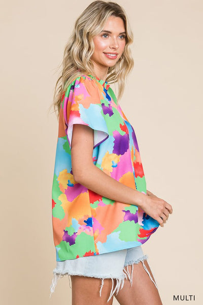 Multi Color Printed Frilled Neck Short Sleeve Top