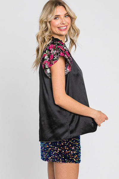 Satin Floral Sleeve Top