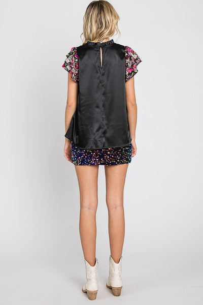 Satin Floral Sleeve Top