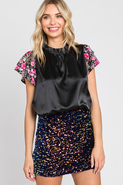 Satin Floral Sleeve Top
