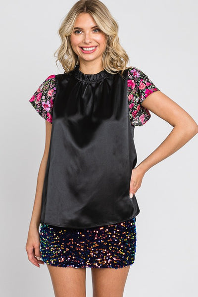 Satin Floral Sleeve Top
