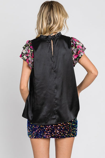 Satin Floral Sleeve Top