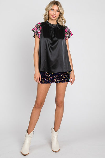 Satin Floral Sleeve Top