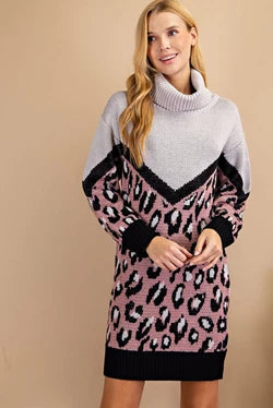 Animal Print Contrast Turtleneck Sweater Dress