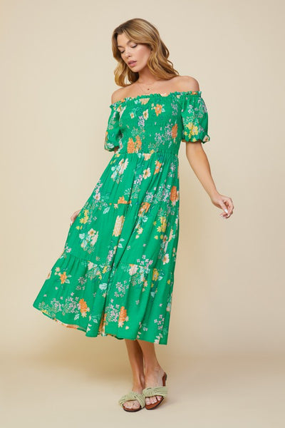 Floral Printed Smocked Midi Dress
