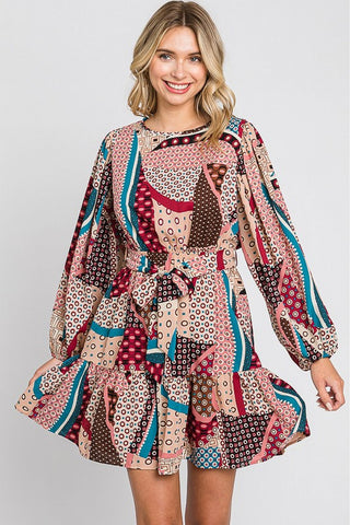 Abstract Print Belted Long Sleeve Mini Dress