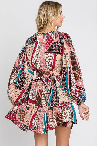 Abstract Print Belted Long Sleeve Mini Dress
