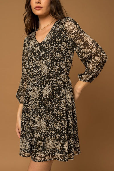 Black & Ivory Floral Print Long Sleeve Dress