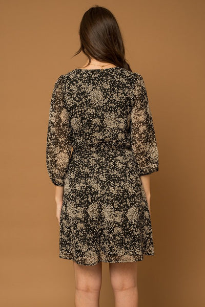Black & Ivory Floral Print Long Sleeve Dress