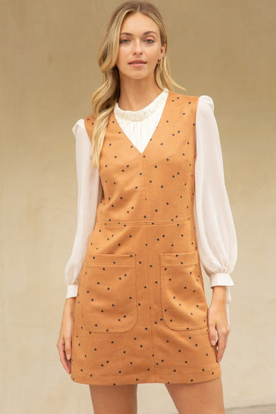 Double Pocket Heart Printed Suede Dress