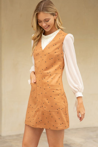 Double Pocket Heart Printed Suede Dress