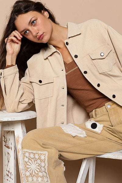 Button Down Distressed Hem Corduroy Jacket